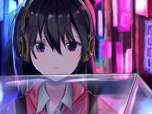 Preview wallpaper girl, headphones, signs, neon, anime