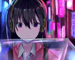 Preview wallpaper girl, headphones, signs, neon, anime