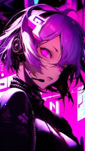 Preview wallpaper girl, headset, anime, art, purple