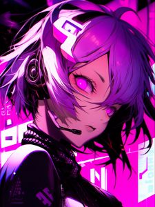 Preview wallpaper girl, headset, anime, art, purple