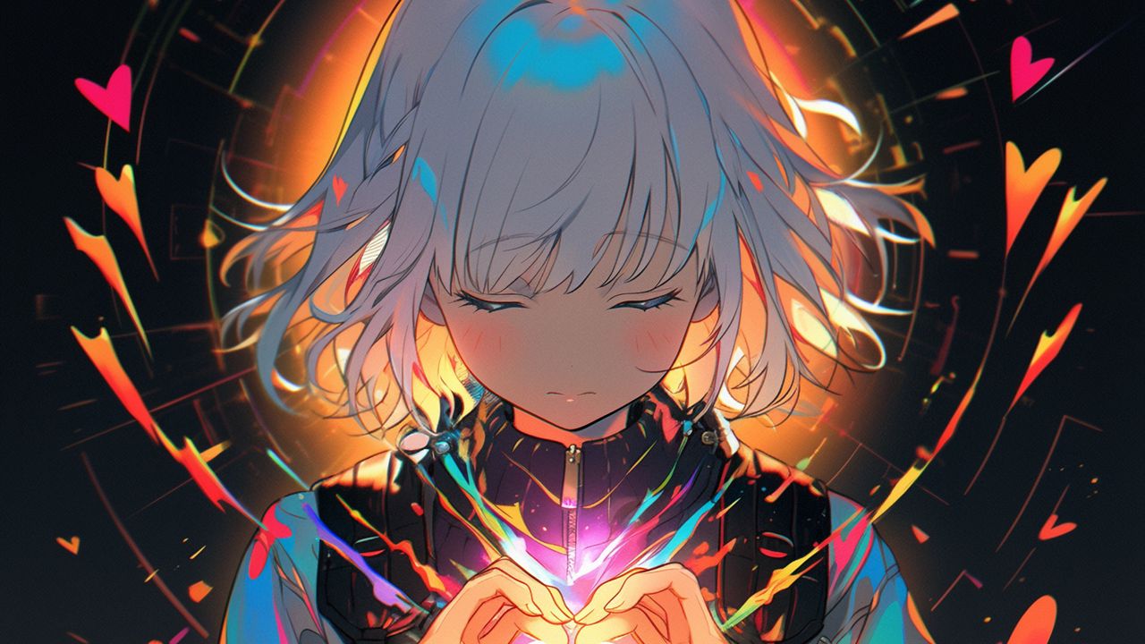 Wallpaper girl, heart, glow, anime