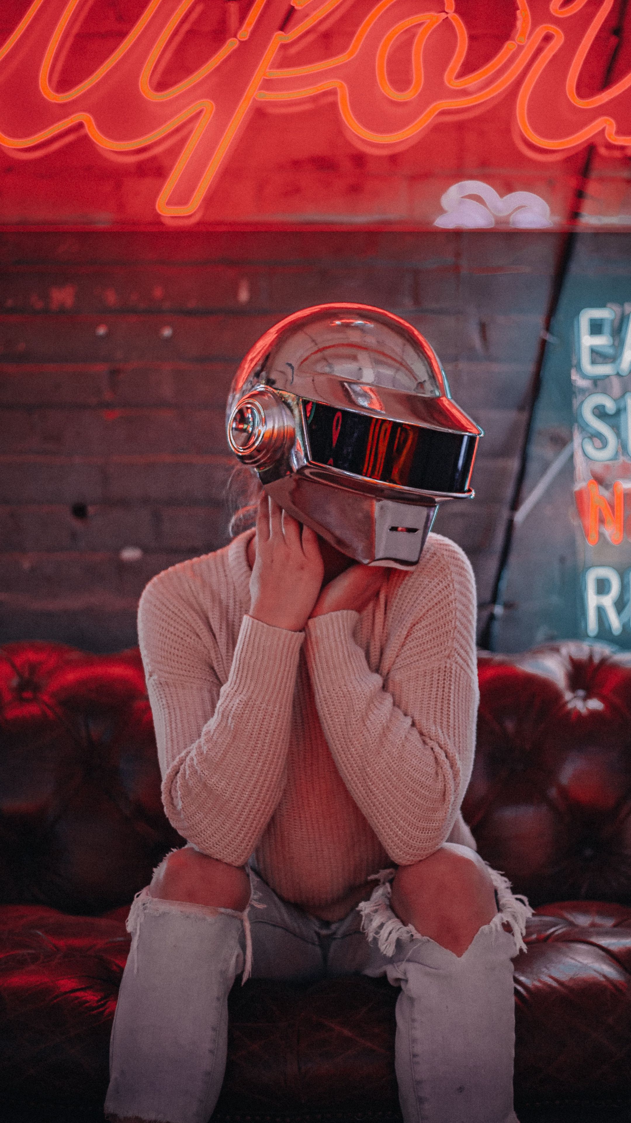 Download Wallpaper 2160x3840 Girl, Helmet, Cyberpunk, Neon Samsung