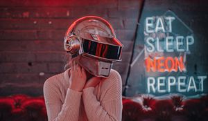 Preview wallpaper girl, helmet, cyberpunk, neon