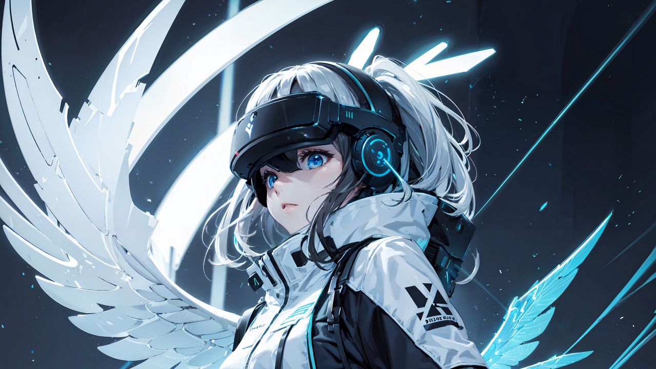 Wallpaper girl, helmet, headphones, wings, anime