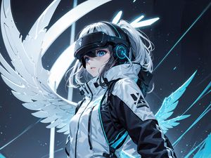 Preview wallpaper girl, helmet, headphones, wings, anime