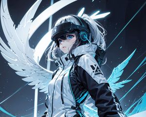 Preview wallpaper girl, helmet, headphones, wings, anime