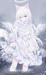 Preview wallpaper girl, heterochromia, angel, wings, white, anime