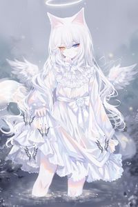 Preview wallpaper girl, heterochromia, angel, wings, white, anime