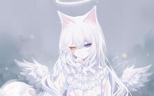 Preview wallpaper girl, heterochromia, angel, wings, white, anime