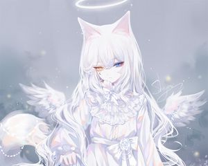 Preview wallpaper girl, heterochromia, angel, wings, white, anime