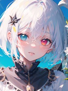 Preview wallpaper girl, heterochromia, eyes, anime, flowers