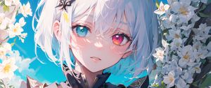 Preview wallpaper girl, heterochromia, eyes, anime, flowers