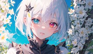 Preview wallpaper girl, heterochromia, eyes, anime, flowers