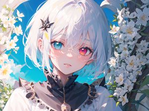 Preview wallpaper girl, heterochromia, eyes, anime, flowers