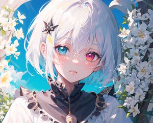 Preview wallpaper girl, heterochromia, eyes, anime, flowers