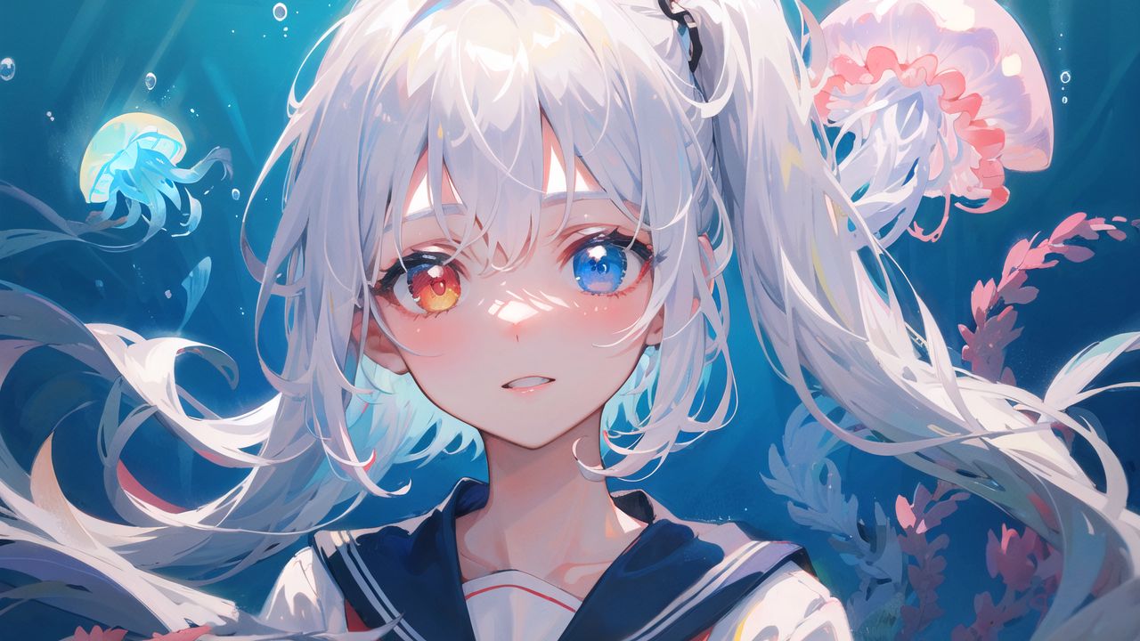 Wallpaper girl, heterochromia, jellyfish, underwater world, anime