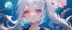 Preview wallpaper girl, heterochromia, jellyfish, underwater world, anime