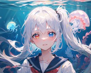 Preview wallpaper girl, heterochromia, jellyfish, underwater world, anime