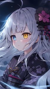 Preview wallpaper girl, heterochromia, kimono, flower, art, anime