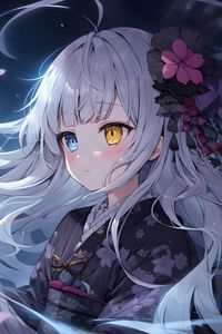 Preview wallpaper girl, heterochromia, kimono, flower, art, anime