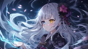Preview wallpaper girl, heterochromia, kimono, flower, art, anime