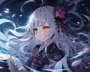 Preview wallpaper girl, heterochromia, kimono, flower, art, anime