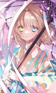 Preview wallpaper girl, heterochromia, kimono, umbrella, anime, art