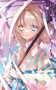 Preview wallpaper girl, heterochromia, kimono, umbrella, anime, art