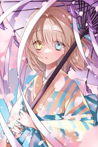 Preview wallpaper girl, heterochromia, kimono, umbrella, anime, art