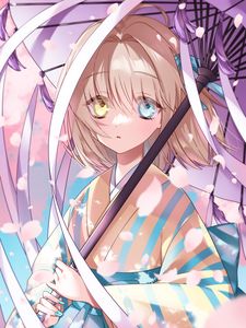 Preview wallpaper girl, heterochromia, kimono, umbrella, anime, art