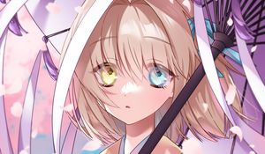 Preview wallpaper girl, heterochromia, kimono, umbrella, anime, art