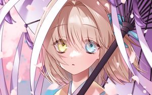 Preview wallpaper girl, heterochromia, kimono, umbrella, anime, art