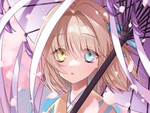 Preview wallpaper girl, heterochromia, kimono, umbrella, anime, art