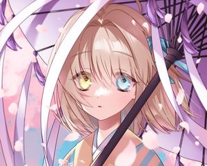 Preview wallpaper girl, heterochromia, kimono, umbrella, anime, art