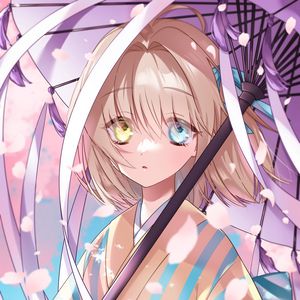 Preview wallpaper girl, heterochromia, kimono, umbrella, anime, art