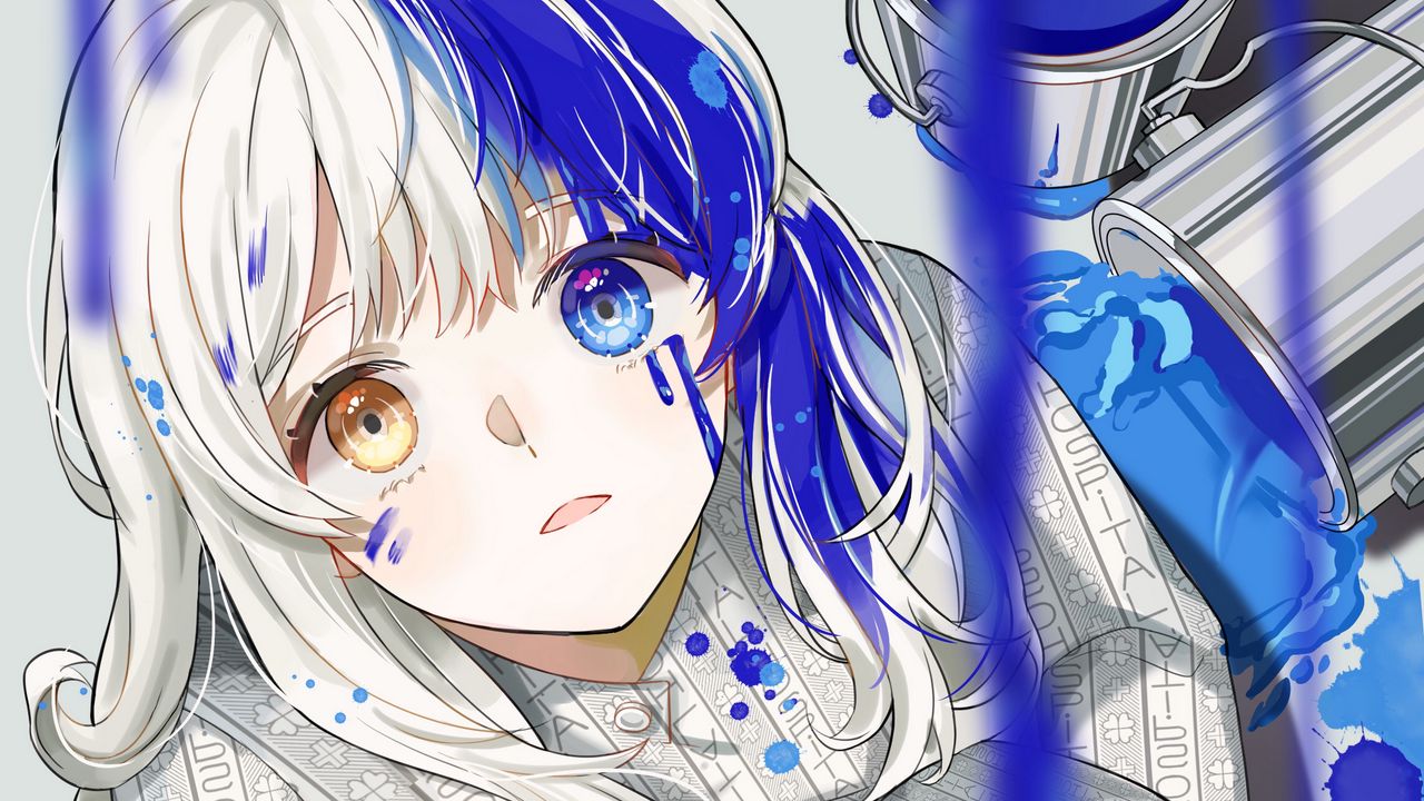 Wallpaper girl, heterochromia, paint, drips, anime, art, blue