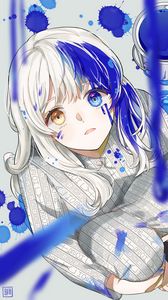 Preview wallpaper girl, heterochromia, paint, drips, anime, art, blue
