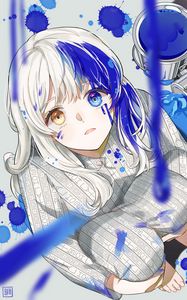 Preview wallpaper girl, heterochromia, paint, drips, anime, art, blue