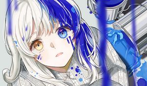 Preview wallpaper girl, heterochromia, paint, drips, anime, art, blue