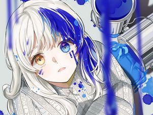 Preview wallpaper girl, heterochromia, paint, drips, anime, art, blue