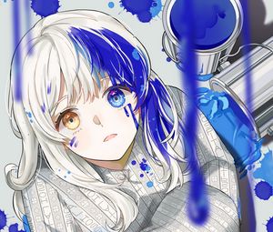 Preview wallpaper girl, heterochromia, paint, drips, anime, art, blue