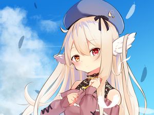 Preview wallpaper girl, heterochromia, wings, beret, anime, art, cartoon