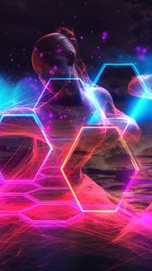 Preview wallpaper girl, hexagons, honeycomb, neon, transparent