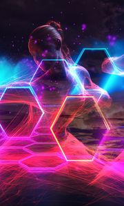 Preview wallpaper girl, hexagons, honeycomb, neon, transparent