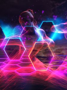 Preview wallpaper girl, hexagons, honeycomb, neon, transparent