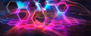 Preview wallpaper girl, hexagons, honeycomb, neon, transparent