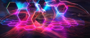 Preview wallpaper girl, hexagons, honeycomb, neon, transparent