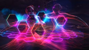 Preview wallpaper girl, hexagons, honeycomb, neon, transparent