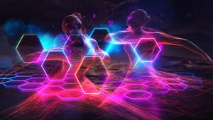 Preview wallpaper girl, hexagons, honeycomb, neon, transparent