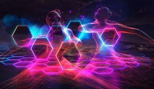 Preview wallpaper girl, hexagons, honeycomb, neon, transparent